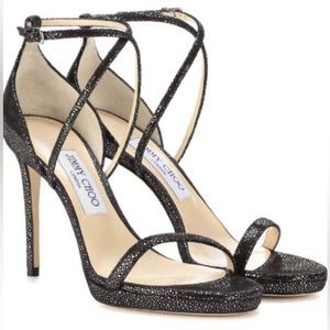 JIMMY CHOO Harper Black Metallic Suede Stiletto Sandals size 37.5